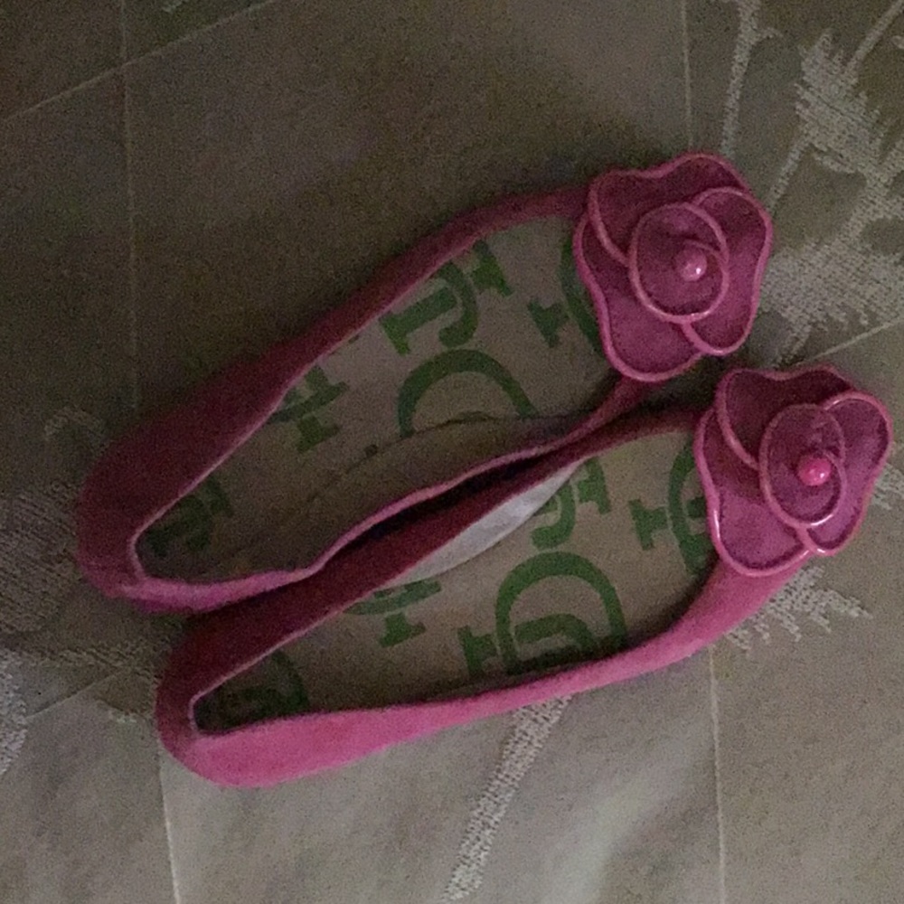 pink suede ballet flats with adorable suede flower